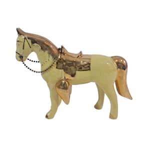 Vintage Ceramic Saddle Horse Figurine Yellow & Gold Tone Detail With Chain